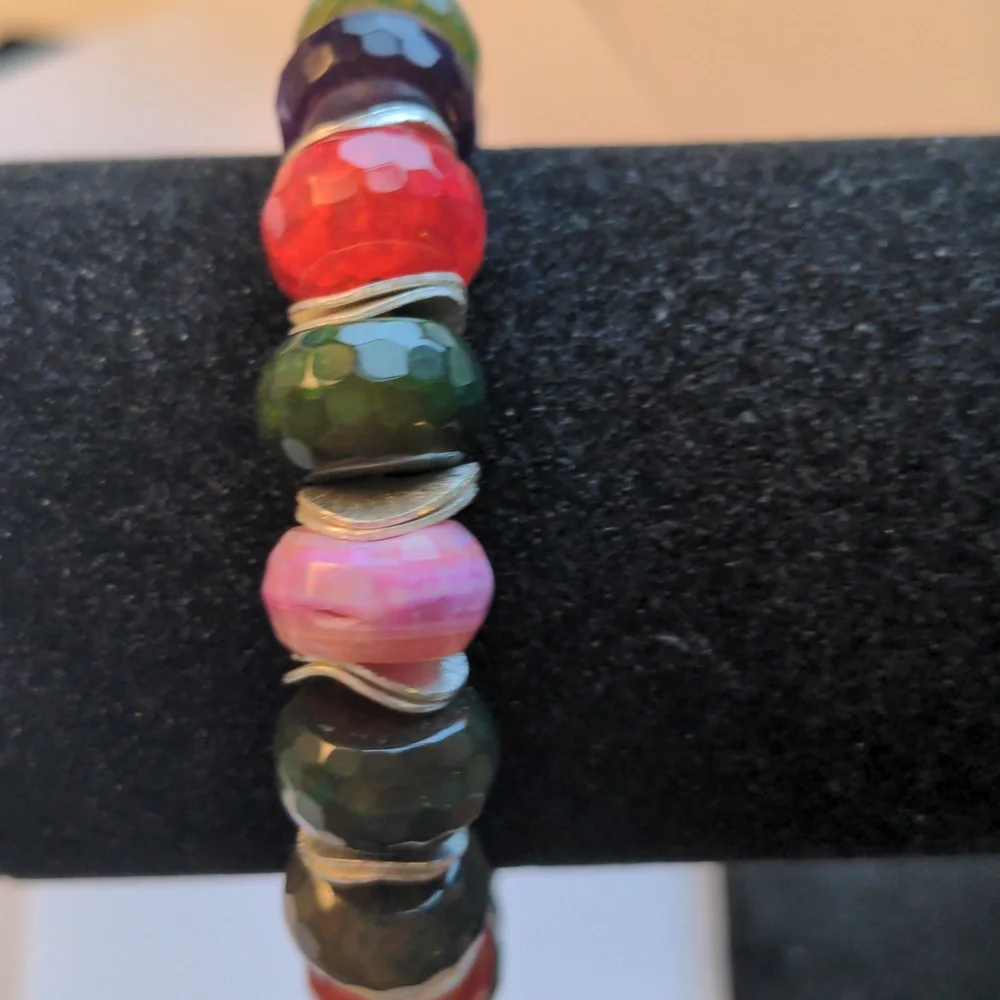 New Agate Bracelet.  Multi color, faceted.  Silver. Handcrafted.  7 1/2